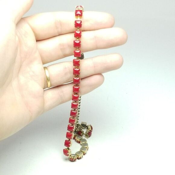 Vintage Bright Red Rhinestone Adjustable Length Necklace, Retro 70s Style - Picture 2 of 5